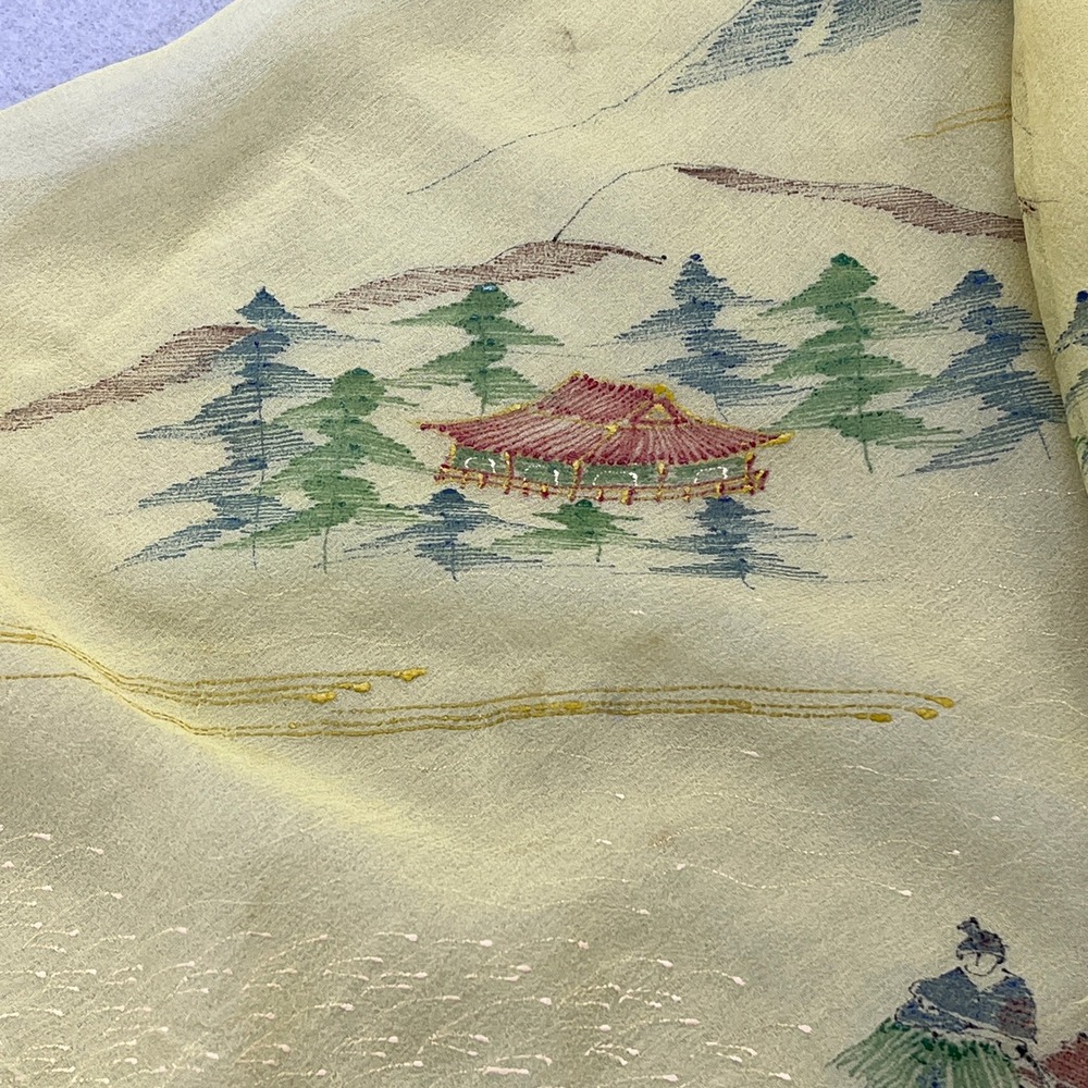 Vintage Hand Painted Japanese Scarf Mount Fuji Pagoda Fisherman Yellow 34in READ - Picture 3 of 12